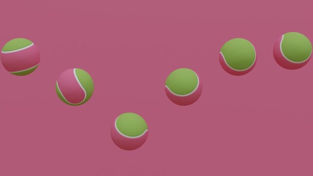 Abstract 3D animation with Green and Pink tennis balls aligned in a clean straight line, bouncing smoothly on a Pink surface, creating colorful rhythmic motion with minimal geometric design