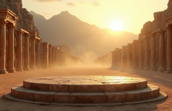 Stone pedestal in ancient ruins. Marble columns line a dusty path toward mountains at sunset. Dramatic historical background, epic scene setting.