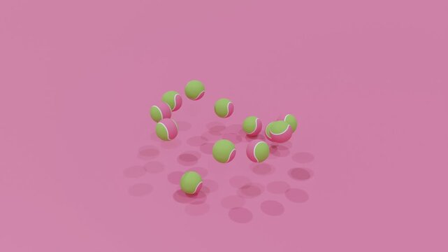 Abstract 3D background with Green and Pink tennis balls arranged in a circle, bouncing rhythmically on a Pink backdrop, forming hypnotic minimal animation with dynamic visual symmetry
