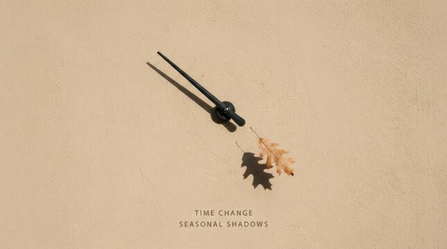 Minimal wall clock hands with autumn leaf shadow for time change seasonal shadows poster and clean wallpaper design