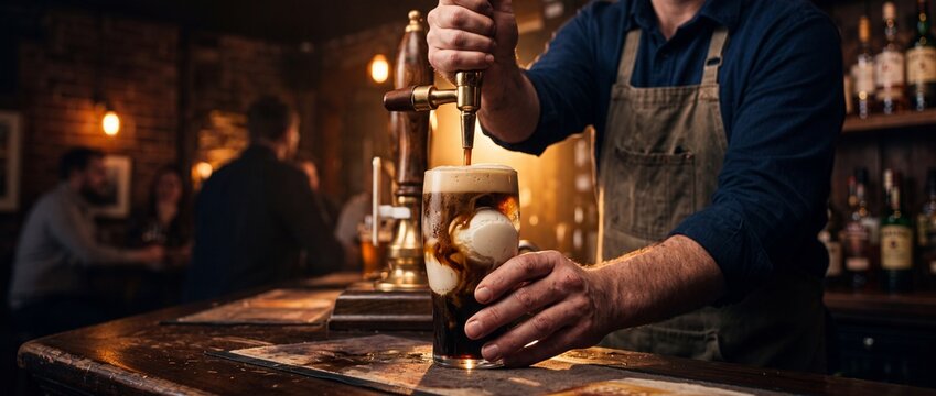 Bartender pouring frothy stout beer into glass with ice cream scoop, creating classic irish float drink