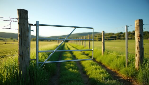 Open metal gate on wooden posts with wire fence along green farm field. Clear blue sky over rural countryside path leading to hills. Natural landscape.