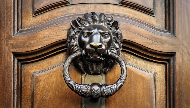 antique metal door handle with lion motif close up on a classic entrance door