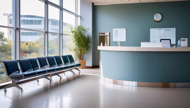 hospital waiting room with reception counter at medical facility