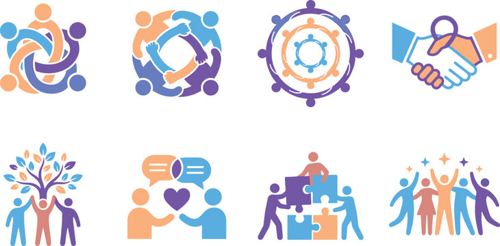 Business teamwork and community unity icon set featuring partnership symbols, handshake, and puzzle pieces