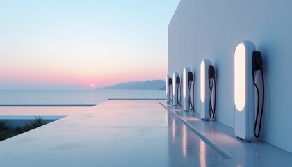 Modern electric vehicle charging stations stand on concrete platform at sunrise. Futuristic power supply equipment installed near ocean shore for eco transport. Sustainable energy chargers provide