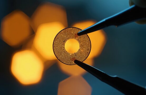 Ophthalmic lens held with forcpic. Tiny implantable collamer lens shows intricate design for vision correction. Medical device ready for eye surgery. Blurred lights create bokeh.