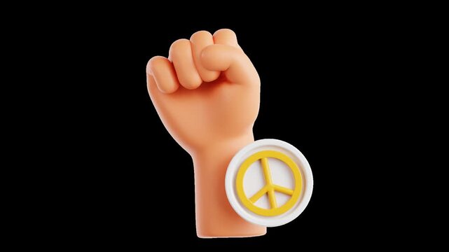 Holding raised fist with peace badge social activism and unity