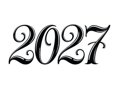 New year 2027 elegant script calligraphy numbers vector illustration with vintage tattoo typography.