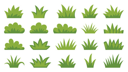Collection of various green grass tufts and small garden bushes in flat cartoon style for landscape design with landscape vegetation collection © VectorVibe Studio
