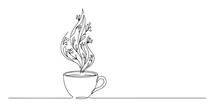 Aromatic herbal steam from teacup wellness outline concept