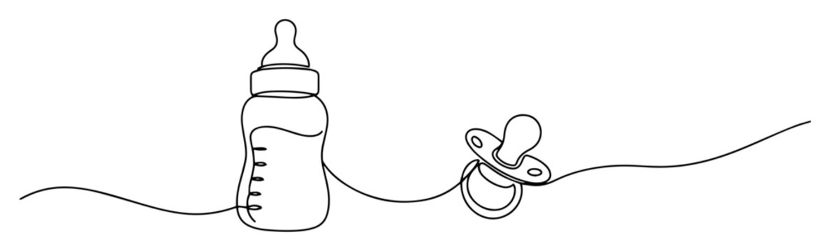 Baby bottle and pacifier infant essentials outline vector