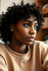 Fototapeta premium Young african american woman with curly hair looking away, thoughtful expression, natural beauty and contemplation