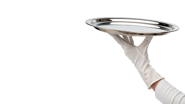 Waiter hand holding elegant silver metal serving platter restaurant catering asset isolated on transparent background