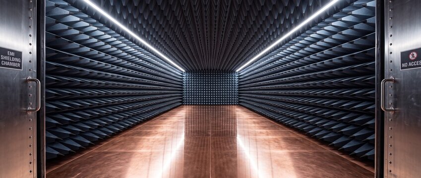 Advanced electromagnetic interference shielding chamber interior with anechoic pyramidal foam panels and copper floor
