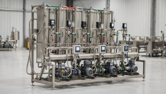 Detailed medium view of a batching skid setup with totalizers pumps and meters highlighting fertilizer dosing operations for efficient agricultural product formulation.