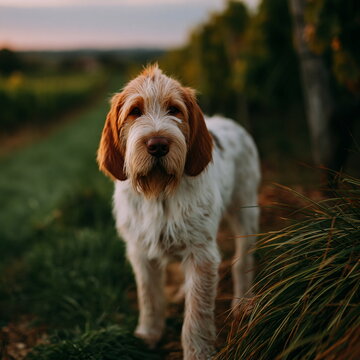 Affectionate Spinone Italiano Dog Standing Proudly on Grassland with Alert Expression, Embracing a Sense of Playfulness and Companionship