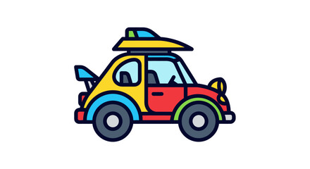 Obraz premium Colorful cartoon car with surfboard.