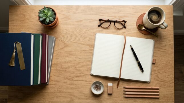 Workspace flat lay with open journal, fountain pen, and coffee cup
