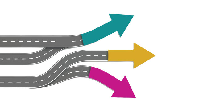 Colorful road vector illustration showing three distinct paths branching out in different directions for business strategy