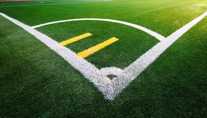 Obraz premium green soccer field surface with white and yellow line markings turf texture background