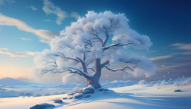 frozen tree in snowy landscape scene