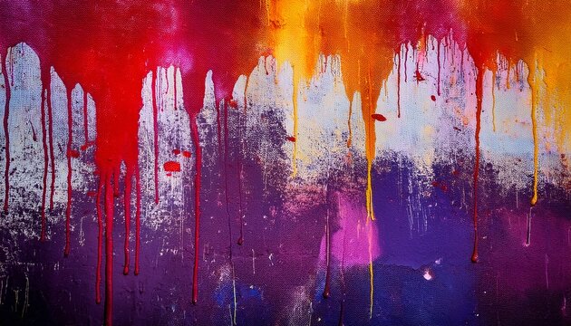 messy paint strokes and smudges on an old grunge wall background purple red orange white color drips flows streaks of paint and paint sprays