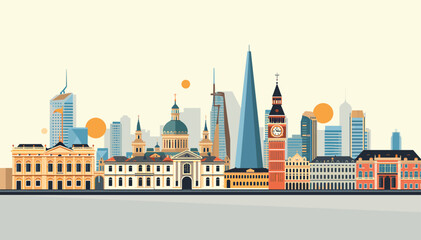 Naklejka premium Stylized vector illustration of a diverse cityscape featuring historical landmarks and modern skyscrapers under a clear sky.