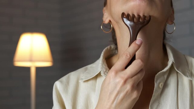 Woman performing neck massage with gua sha scraper tool. Young woman engaging in a rejuvenating self-care routine, using a traditional wooden gua sha comb for a lymphatic drainage massage on her neck