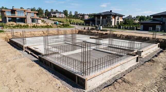 Foundation construction site featuring concrete base with reinforced steel rebar cage structure for a new residential house project in a sunny suburban neighborhood with modern luxury homes in the bac