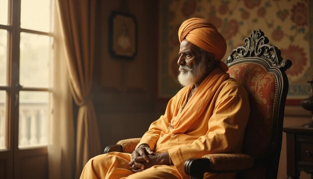 Swami Vivekananda sits in antique chair wearing orange turban, robe. Elderly bearded Indian monk looks away with calm expression indoors. Historical figure poses in vintage library room beside bright