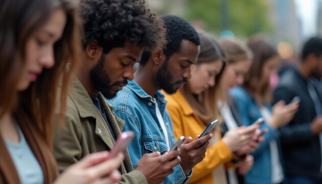Diverse group of people engrossed in smartphones ignoring surroundings. Modern life disconnect showing tech obsession and social media addiction. Youth and adults are separate in digital world.