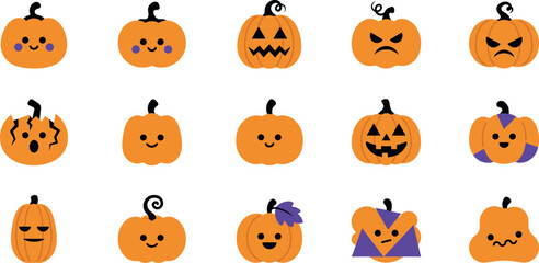 Fototapeta premium Cute halloween pumpkin faces vector icons collection