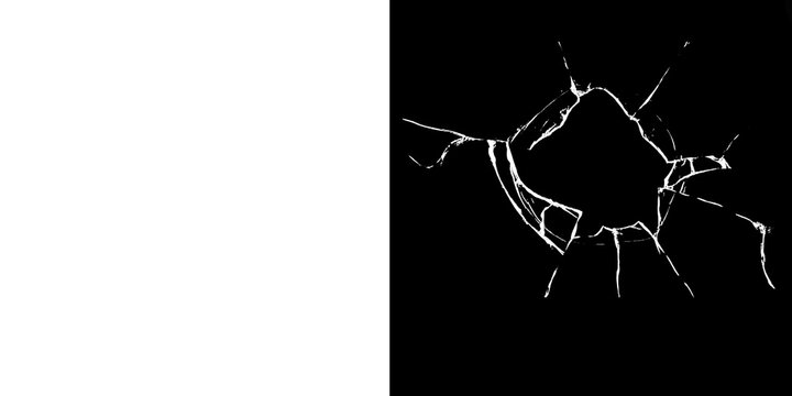 Closeup of cracked glass surface with sharp white lines on a black background and a white space on the left side