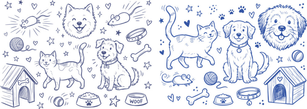 Happy dog and cat illustrations with toys and accessories in a playful doodle style