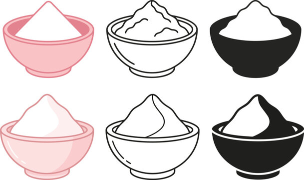 White powder in bowls isolated on white background with pastel pink and black variations