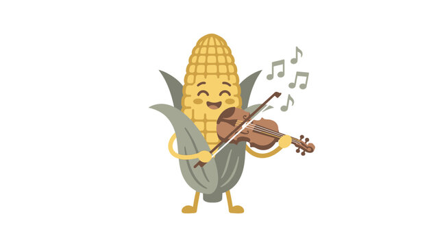 Cute corn cob character playing the violin.