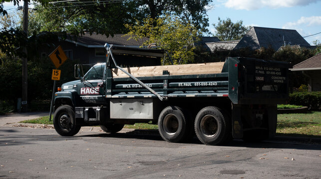 Heavy duty Hage Concrete Works truck engaged in the neighborhood with cement work. St Paul Minnesota MN USA