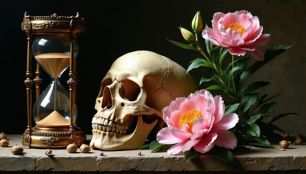 Vanitas still life composition with human skull vintage hourglass, blooming pink peony flowers on stone table. Dark artistic oil painting style reflects memento mori concept about transience of life