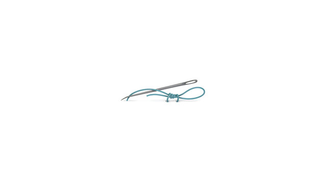 A silver sewing needle threaded with a blue string loop isolated on a transparent background
