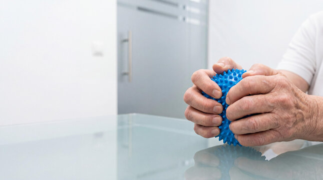 Elderly man squeezing blue sensory spiky ball for hand rehabilitation. Senior patient doing physical therapy exercise to recover finger mobility and treat chronic bone joint disease.