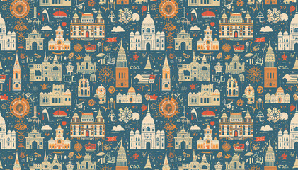 Fototapeta premium A charming, repeating pattern featuring a variety of stylized European architectural landmarks and decorative elements on a dark blue background.