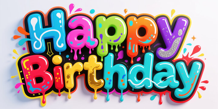 Graffiti style illustration for birthday holiday with bright colors and paint splatters on white background.