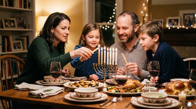 Family lights Hanukkah menorah candles during festive holiday dinner celebration at home
