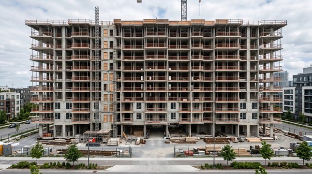Construction site showing a large unfinished residential apartment building project under development with exposed concrete structures metal scaffolding and wooden frames set against a cloudy sky duri
