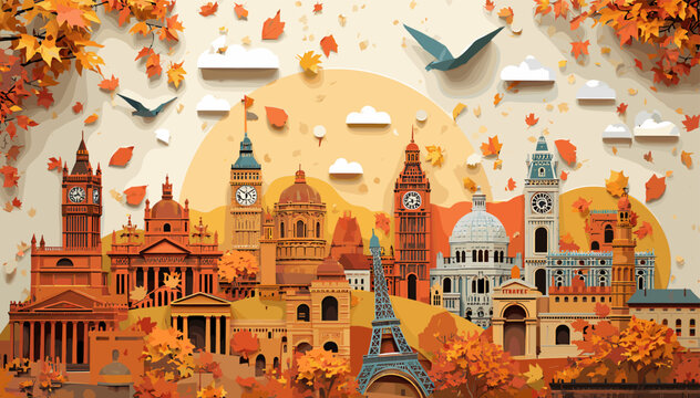 A charming paper-cut style illustration depicting iconic European landmarks against a backdrop of autumn foliage and birds in flight.