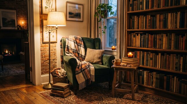 Cozy reading nook with armchair, fireplace, and bookshelves
