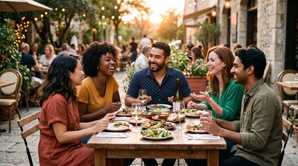 Diverse group of friends enjoying a meal together at an outdoor restaurant