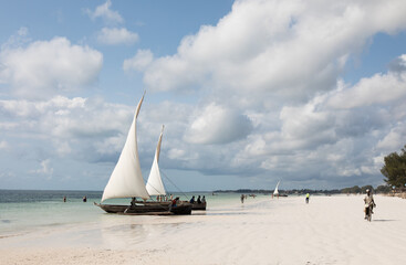 Tradycyjne drewniane łodzie z białymi żaglami na plaży Zanzibaru Tanzania © kubikactive