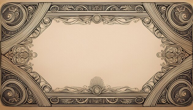 vintage ornate certificate border frame with money engraving pattern on blank aged paper background